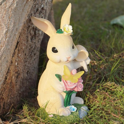 NYUWOAURC Garden Statues Rabbit with Solar Light,Bunny Outdoor Garden Decor Ornaments for Patio Yard Art,Birthday Easter House Warming Garden Gift for Women Mom,Resin Animal Figurine with Wider Base