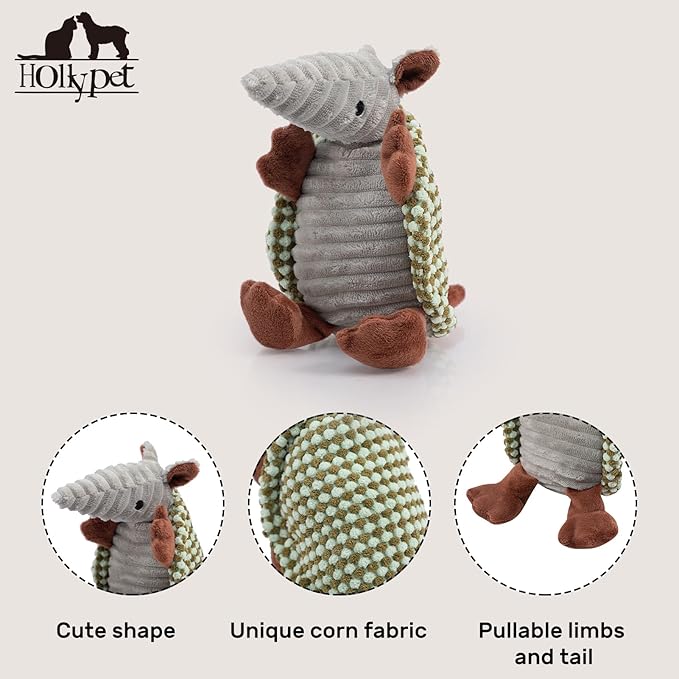 Hollypet Plush Dog Squeaky Toy Stuffed Armadillo Animal Pet Puppy Chew Toys with Clean Teeth for Small Medium Large All Breed Sizes Dogs, Light Green and Olive Drab,8 in