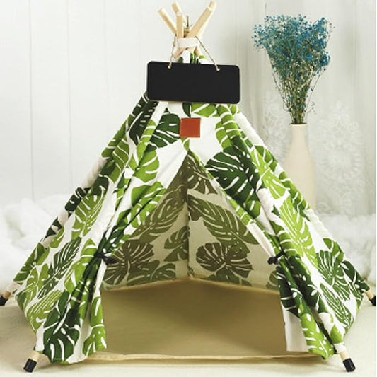 Cat Teepee Tent Bed,Outdoor Indoor Dog House,Portable Washable Pet Tent for Small Dogs with Cushion,Inside Pet Teepee for Small Medium Animals (Green&White, M)