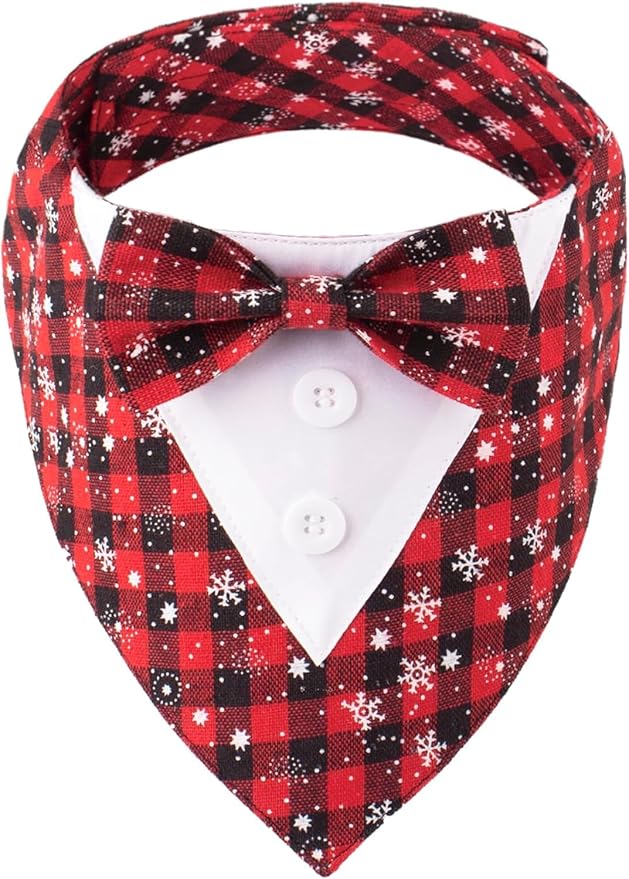 HDGDT Adjustable Red Plaid Christmas Dog Tuxedo Bandana with Bow Tie - Holiday Pet Outfit Costume for Dogs XS to XL