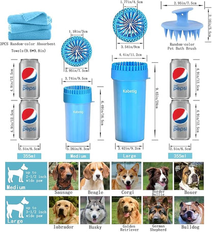 Dog Paw Cleaner for Meduim Small Breed Dogs with 3Pcs Absorbent Towels & Graspable Dog Bath Brush (Blue, Medium)