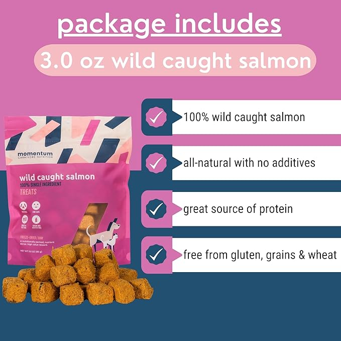 Momentum Carnivore Nutrition Freeze-Dried Wild-Caught Salmon Dog Treats & Cat Treats – Single-Ingredient, High-Protein, Grain-Free, Natural Source of Omega-3s – Made in USA – 3 oz Bag