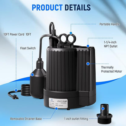D-HONOR Sump Pump, Submersible Water Pump 1/3 HP 1600 GPH with Float Switch, Automatic Utility Pump for Pool, Pond, Garden, Flooded Basement, Aquarium, and Irrigation, with 10 Ft Power Cord