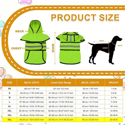 Dog Raincoat, Dog Rain Jacket Waterproof Jacket Reflective Adjustable Hooded Pet Rain Coat with Leash Hole, (Fluorescent Green, 4XL), Intended for Large Medium Small Puppies