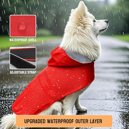 Dog Raincoat Dog Rain Jacket Poncho Waterproof Snowproof Pet Rain Suit Lined Warm Lining Hooded Leash Hole Adjustable for Medium Dogs,Red,XXXL