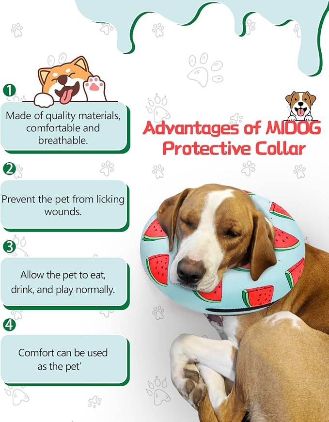 MIDOG Inflatable Dog Cone Alternative for After Surgery - Soft Protective Donut Collar Prevents Licking, Comfortable Recovery E-Collar Alternative for Small Medium Large Dogs (Watermelon,XL)