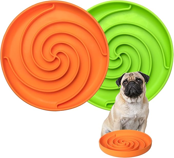 Slow Feeder Dog Bowls, Dishwasher Microwave Safe Silicone Puppy Puzzle Bowl with Non-Slip Design for Eating (Green and Orange)
