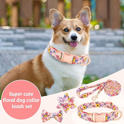 Dog Collar and Leash Set Girls Adjustable Puppy Collars with Floral Bow Tie for Small Medium Large Female Dogs, Pink Flower, S
