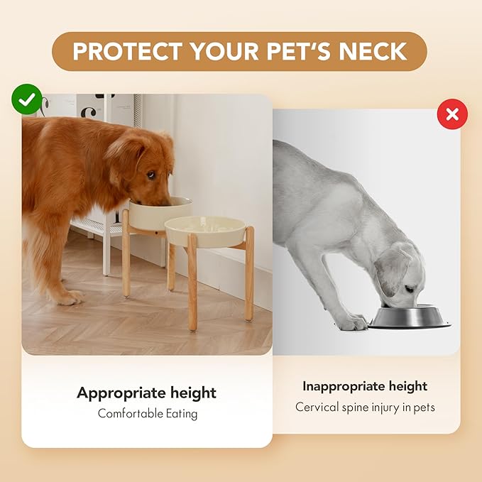 Ceramic 3.2 Cup Raised Slow Feeder Dog Bowl Set, Elevated 8.2inch Bowl and 9.5inch Slow Pet Food Dish with Wooden Stand for Large Dog (2 x Beige+ Stand)