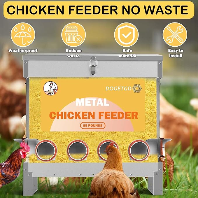 Automatic Chicken Feeder No Waste Metal Poultry Feeder Large Capacity 85lbs for Chickens, Geese, Ducks, Turkeys, Quails (10-Port)