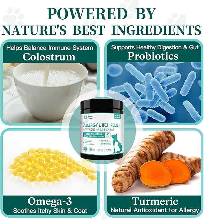 NATURE TARGET Dog Allergy Chews - Dog Allergy Relief, for Skin, Coat, Anti-Itch, Seasonal Allergies, Scratching, Pawlicking, 180 Freeze Dried Chews