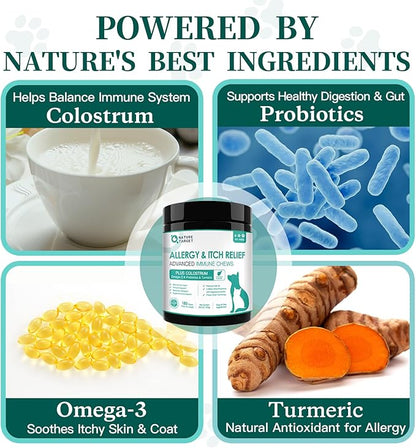 NATURE TARGET Dog Allergy Chews - Dog Allergy Relief, for Skin, Coat, Anti-Itch, Seasonal Allergies, Scratching, Pawlicking, 180 Freeze Dried Chews