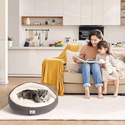 Covered Cat Bed Cave for Small Cats Dogs Washable Hooded Self Warming Cat Bed 23 inches Anti-Slip Round Fluffy Kitten Puppy Bed Noiseless Security Cat Cave Bed with Removable Cushion, Gray