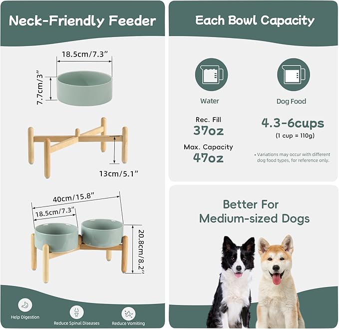 Ceramic 7.3inch Raised Double Bowls Set with Wooden Stand, Food & Water Bowls for Medium Breed Dogs, Weighted Dog Dishes, Pet Feeder(Light Green)