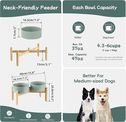 Ceramic 7.3inch Raised Double Bowls Set with Wooden Stand, Food & Water Bowls for Medium Breed Dogs, Weighted Dog Dishes, Pet Feeder(Light Green)