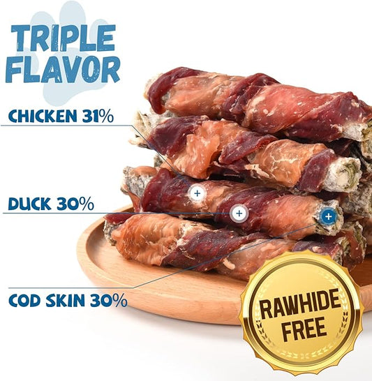 Dog Treats Chicken Duck Wrapped Cod Skin Sticks, Rawhide-Free, Grain-Free Dog Chewy Treats for Healthy Teeth and Coat,Training Treats for Small Medium Large Dogs, 9-10 Counts