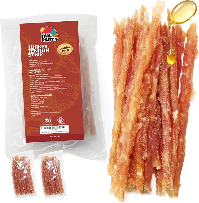 TailParty Turkey Tendons for Dogs with Fish Oil & Taurine: Soft Natural Dental Chew Stick & Puppy Training Treats Long Lasting Snack for Health-Conscious Pet Owners(Strips, 1lb)