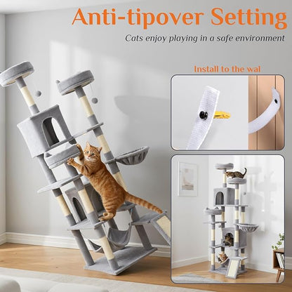 DUMOS Tall Cat Tree 75 Inch, Large Multi-Level Cat Tree Tower with Condo, Perches, Sisal Scratching Posts Board and Hammock, Pet Play House with Dangling Balls for Indoor Cats, Light Grey