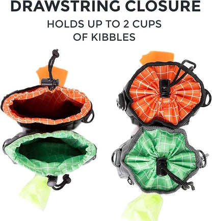 Mighty Paw Dog Treat Bag - Drawstring Closure Pouch - Includes Carabiner Hook and Pick-up Bags - With Reflective Belt - Dog Training Treats Pouch (Black)