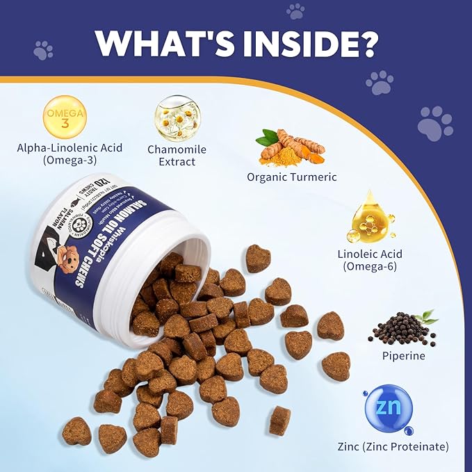 Allergy Relief Chews for Dogs Omega-3 Fish Oil Chewable Supplement with Probiotics for Itchy Skin and Hot Spots Allergies Relief, Paw Licking, Dry Skin & Coat Supplement Itching Relief Bites - 120 Ct