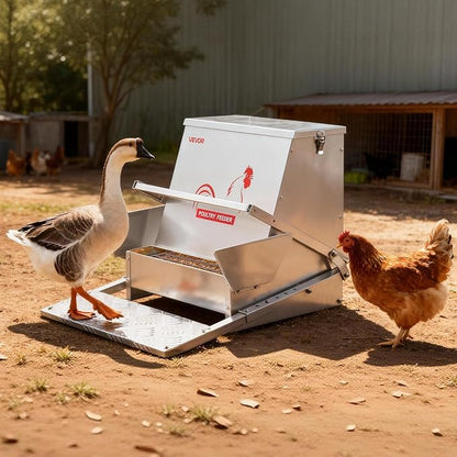 VEVOR Automatic Chicken Feeder, 40 lbs Capacity, Rainproof Treadle Poultry Feeder with Lockable Lid, No Waste, Galvanized Steel Construction, Outdoor Use, for Chicken, Bantams, Poultry, Pheasants