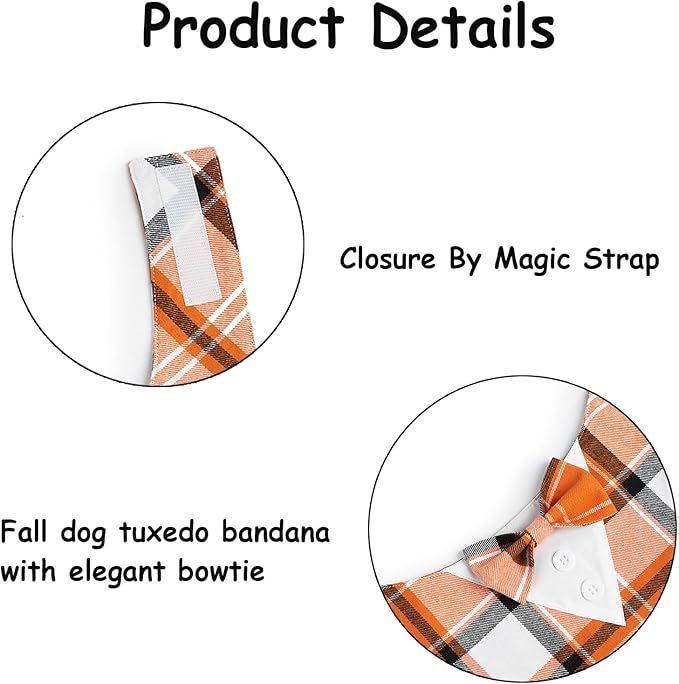 Fall Dog Tuxedo Bandana, Orange Plaid Pet Collar with Bowtie, Adjustable Halloween Thanksgiving Dog Tux Costume for Small to Extra Large Pets