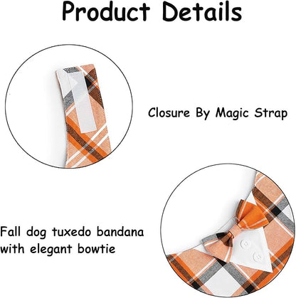Fall Dog Tuxedo Bandana, Orange Plaid Pet Collar with Bowtie, Adjustable Halloween Thanksgiving Dog Tux Costume for Small to Extra Large Pets