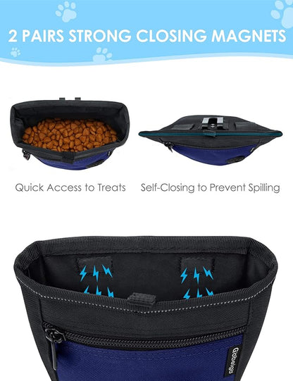 Gobeigo Dog Treat Pouch and Training Clicker, Upgrade Two Magnetic Closure to Prevent Spills, 2 Cup Treat Bag with Poop Bag Dispenser, Metal Clip Waist Belt Fanny Pack for Pet Walk (Black/Blue)
