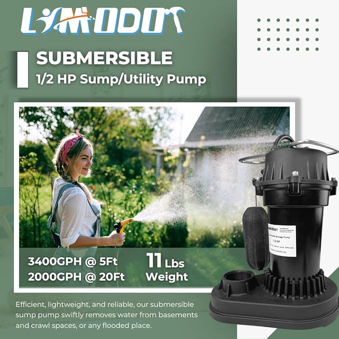 1/2 HP Submersible Sump Pump with Vertical Float Switch, Portable Utility Pump With 10ft Power Cord, Sub Water Pump for Draining Flooded Basement, Hot Tub, Pool, Pond, Sump Pits