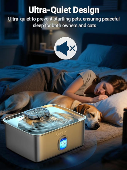 Kastty 15L/3.96 Gal Stainless Steel Dog Water Fountain, Large Capacity Dog Water Bowl Dispenser Quiet LED Light Triple Filtration BPA-Free, Automatic Pet Water Fountain Easy Cleaning for Pet FS76