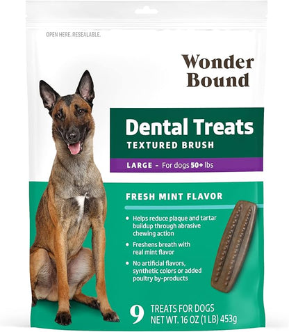 Wonder Bound Dog Dental Treats for Large Dogs (Over 50 lbs), Fresh Mint Flavor, Made with Real Chicken, Nubbed Texture for Plaque & Tartar Control, Freshens Breath While Chewing, 9 Count