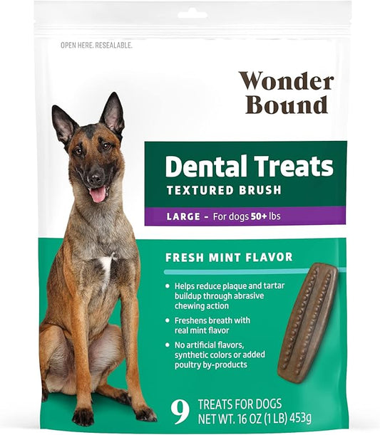 Wonder Bound Dog Dental Treats for Large Dogs (Over 50 lbs), Fresh Mint Flavor, Made with Real Chicken, Nubbed Texture for Plaque & Tartar Control, Freshens Breath While Chewing, 9 Count