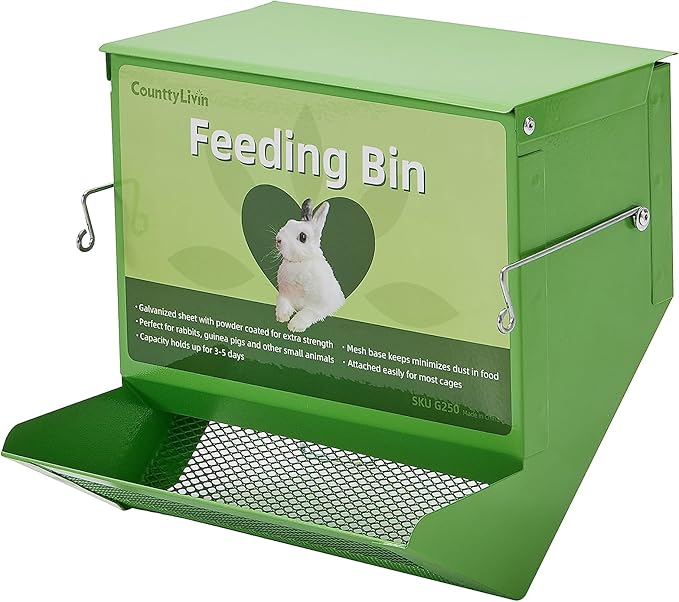 CounttyLivin Metal Small Animal Feeder with Lid, Heavy Duty, Large Capacity Food Dispenser, Great for Rabbits, Guinea Pigs, Chinchillas and Other Small Animals (7.4 inch, Green)