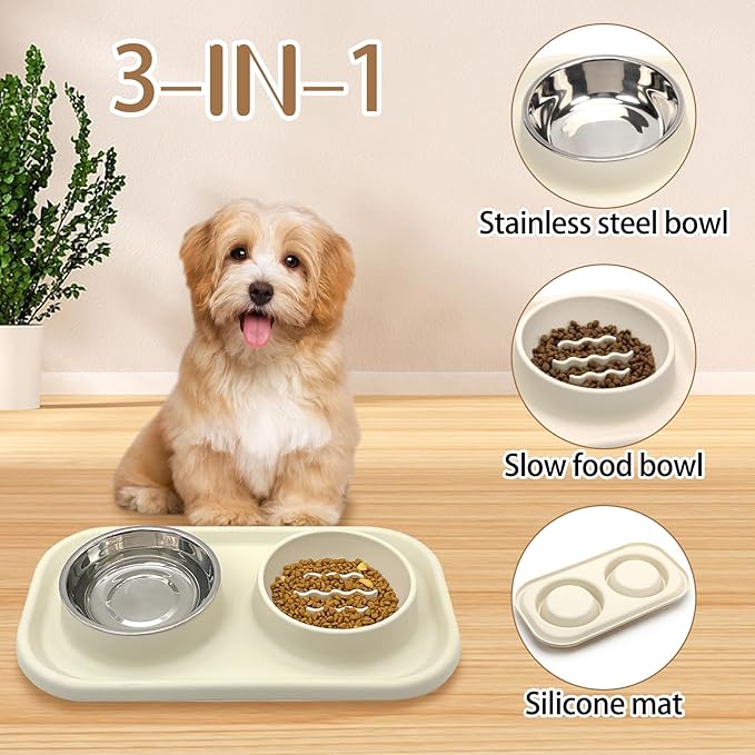 BNOSDM Slow Feeder Dog Cat Bowls, Stainless Steel with Silicone Mat Dog Food and Water Bowls Set, Pet Feeder to Slow Down Eating for Cats, Small Dog