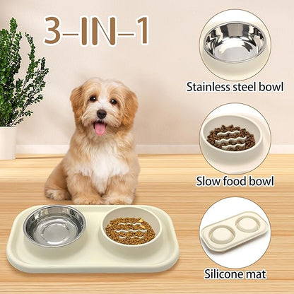 BNOSDM Slow Feeder Dog Cat Bowls, Stainless Steel with Silicone Mat Dog Food and Water Bowls Set, Pet Feeding Dish to Slow Down Eating for Cats and Small Dogs Puppy, Grey