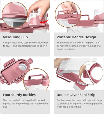 LEAWALK 5-7Lbs Cat Dog Storage Container, Portable Pet Food Containers with Upgraded Large Spout and Cup, Small Animal Kibble Dispenser for Bird Seed, Oatmeal, Rice, Flour (2, Pink, 5L)