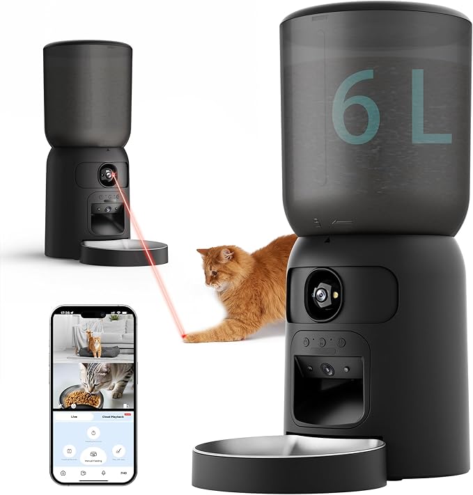 Smart Pet Feeder with 2K Dual Camera & AI Recognition, 6L Automatic Cat Dog Feeder with App Control, 2.4G/5G WiFi, Voice Message, Pet Interaction, Motion Tracking, No Clog, Dual Power, for Multi-Pet