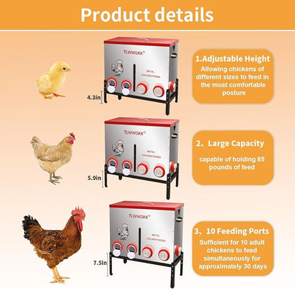 85 lbs Large Automatic Chicken Feeder - 10-Port No-Waste Dispenser with Visual Window & Height-Adjustable Legs - Rodent/Goat Proof, All-Weather Heavy-Duty Galvanized Metal Design for Outdoor Poultry