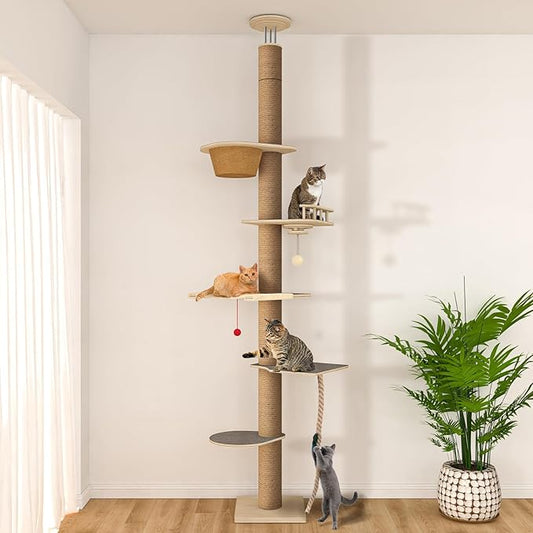 Floor to Ceiling Cat Tree, 5 Tier Cat Tower Adjustable Height (82-120 in), Tall Climbing Tree with Perches, Hammock, Scratching Post, Bed, Ball Toys, Solid Structure and Neutral Color Fit Home Decor