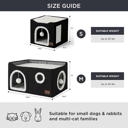 Bedsure Large Cat Beds for Indoor Cats - Extra Wide Cat Cube House for Small Pet with Fluffy Ball Hanging and Scratch Pad, Foldable Pet Cave Hideaway for Multiple Cats, 23.6x16.9x13 inches, Black
