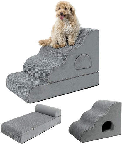 Dog Stairs for Small Dogs 19.7" H, 4-Step Dog Steps for High Bed, High-Density Foam Curved Pet Stairs with Non-Slip Removable Washable Cover to Get on Bed