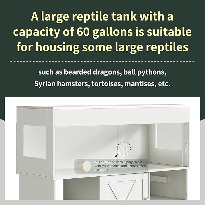 Herture 60 Gallon Reptile Tank with Stand, Terrarium Tank with Storage Cabinet, for Lizards, Skinks, Snakes, Sliding Acrylic Doors, Mesh Top, Built-in Power Outlet White PX02RTW