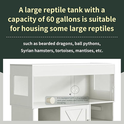 Herture 60 Gallon Reptile Tank with Stand, Terrarium Tank with Storage Cabinet, for Lizards, Skinks, Snakes, Sliding Acrylic Doors, Mesh Top, Built-in Power Outlet White PX02RTW