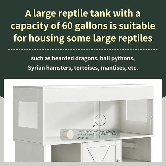 Herture 60 Gallon Reptile Tank with Stand, Terrarium Tank with Storage Cabinet, for Lizards, Skinks, Snakes, Sliding Acrylic Doors, Mesh Top, Built-in Power Outlet White PX02RTW