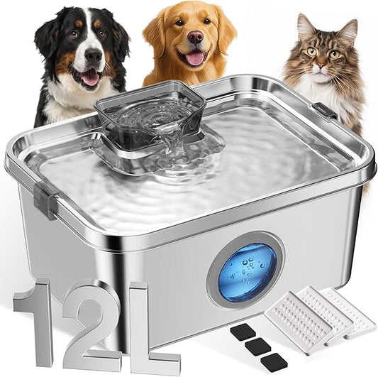 Dog Water Fountain, 12L/406oz Stainless Steel Pet Water Fountain for Large Dogs Cats, Quiet Dog Fountain Water Bowl, Visual Water Level 4 Filtration, Wide Deeper Drinking Area for Multi-Pet Home