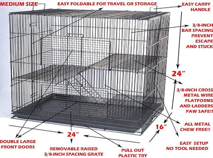 3-Level Foldable Ferret Chinchilla Sugar Glider Rats Animal Chewproof Metal Carrier Travel Cage Tight 3/8 Inch Wire Spacing Prevent Escape with Cross Shelves and Ladders Easy Clean Pull Out Tray