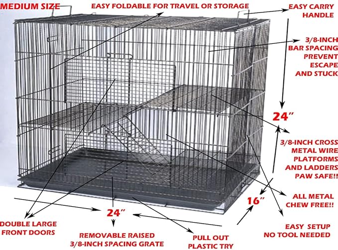 3-Levels Easy Portable Collapsible Ferret Chinchilla Sugar Glider Rats Mouse Animal Critter Chew-Proof Metal Carrier Travel Cage with Narrow 3/8-Inch Bar Spacing Easy to Setup No Tools Needed