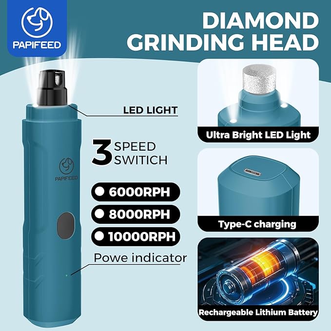 PAPIFFEED Dog Nail Grinder Upgraded with with Dog Nail Trimmers,2 LED Lights, 3-Speed Rechargeable & Quiet - Upgraded Electric Pet Nail Trimmer, Painless Paws Grooming Tool-Bule
