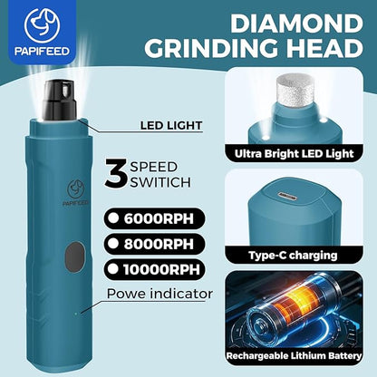 PAPIFFEED Dog Nail Grinder Upgraded with with Dog Nail Trimmers,2 LED Lights, 3-Speed Rechargeable & Quiet - Upgraded Electric Pet Nail Trimmer, Painless Paws Grooming Tool-Bule