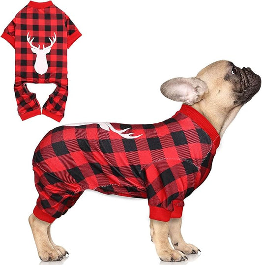 Dog Pajamas Buffalo Plaid with Reindeer Print Pet Onesie Pet Pjs Super Soft and Stretchy Dog Christmas Pajamas for Small Dogs(S)